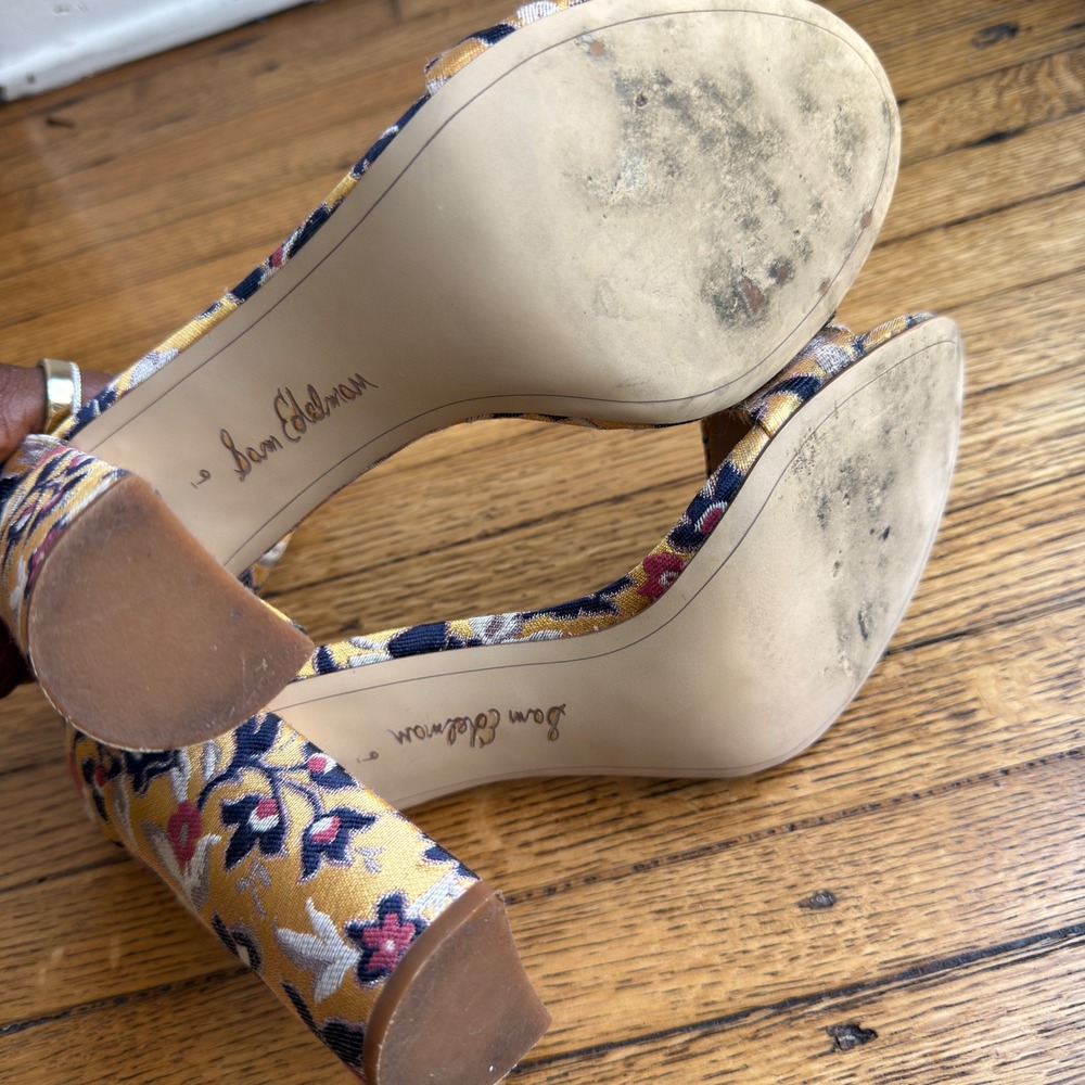 Sam Edelman Yaro Yellow Floral Brocade Block Heel Sandals Womens 9